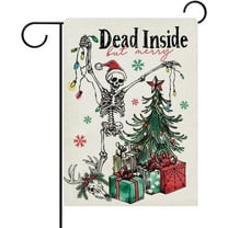 diyeu Christmas Gothic Skeleton Decorative Garden Flag, Dead Inside But Merry Xmas Tree Gifts Skull Yard Outside Home Decoration, Funny Winter Holiday Burlap Outdoor Small Decor Double Sided 12x18