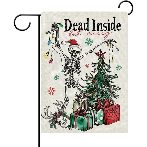 diyeu Christmas Gothic Skeleton Decorative Garden Flag, Dead Inside But Merry Xmas Tree Gifts Skull Yard Outside Home Decoration, Funny Winter Holiday Burlap Outdoor Small Decor Double Sided 12x18