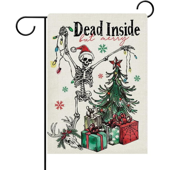 diyeu Christmas Gothic Skeleton Decorative Garden Flag, Dead Inside But Merry Xmas Tree Gifts Skull Yard Outside Home Decoration, Funny Winter Holiday Burlap Outdoor Small Decor Double Sided 12x18