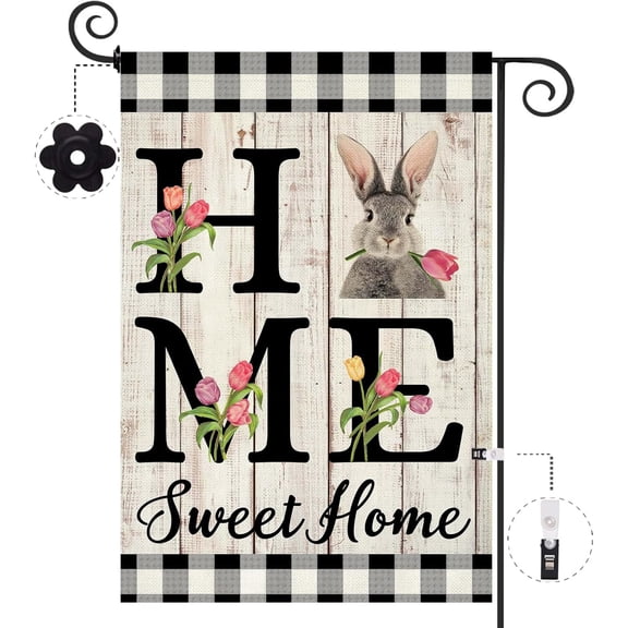 diyeu Easter Bunny Garden Flag Double Sided 12.5x18 Inch Burlap Rabbit Spring Tulip Home Sweet Home Small Yard Flag for Spring Holiday Seasonal Outdoor Outside Decoration