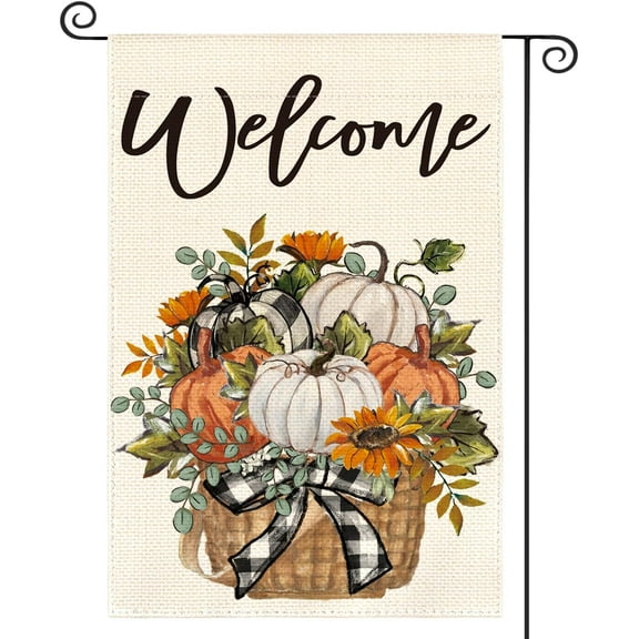 diyeu Fall Garden Flag 12x18 Inch Double Sided Outside, Autumn Floral Pumpkins Welcome Yard Outdoor Flag