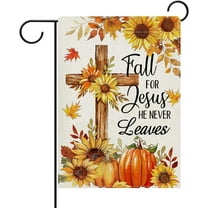 diyeu Fall for Jesus He Never Leaves Christian Decorative Garden Flag, Religious Autumn Cross Sunflower Pumpkin Yard Outside Home Decoration, Maple Burlap Outdoor Small Decor Double Sided 12 x 18