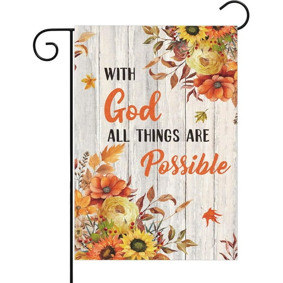 diyeu Fall Religious Garden Flag - 12 X 18 Inch linen Double Side With God All Things are Possible Garden Flag, Fall Religious Inspirational Flora Farmhouse Yard Outdoor Decoration
