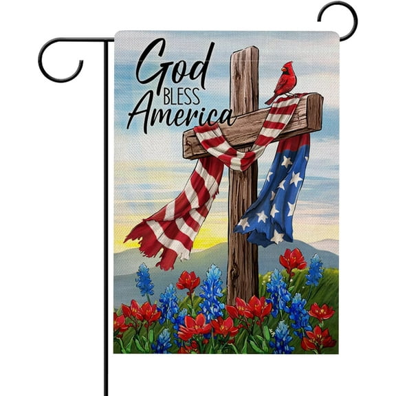 diyeu God Bless America 4th of July Cross Patriotic Garden Flag Double Sided, Religious American USA Memorial Day Cardinal Decorative Yard Outdoor Home Small Decor, Summer Outside Decoration 12 x 18
