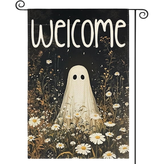 diyeu Halloween Garden Flag 12x18 Inch Double Sided Outside, Ghost Daisy Floral Welcome Yard Outdoor Flag