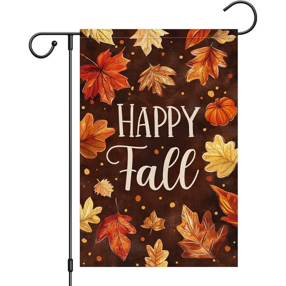 diyeu Happy Fall Garden Flag 12x18 Double Sided Burlap, Autumn Retro Maple Leaves Yard Flags for Thanksgiving Rustic Seasonal Outside Outdoor Decoration (ONLY FLAG)