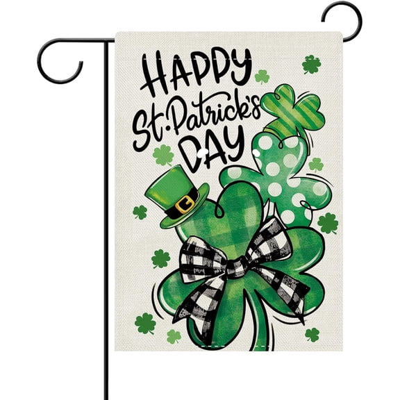 diyeu Happy St Patricks Day Decorative Garden Flag, Lucky Shamrock Clover Buffalo Plaid Bow Yard Outside Home Decoration, Irish Spring Top Hat Burlap Outdoor Small Decor Double Sided 12 x 18