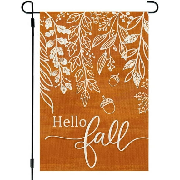 diyeu Hello Fall Garden Flag 12x18 Inch Double Sided Small Burlap for Outside Autumn Leaves Orange Holiday Yard Decoration