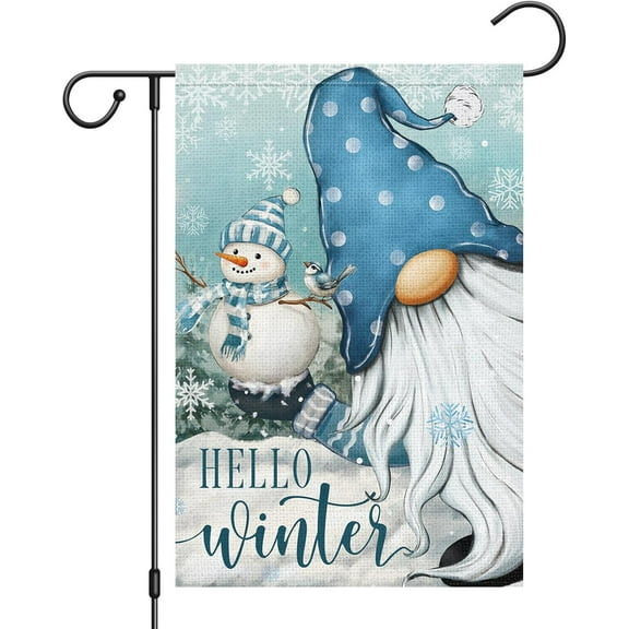diyeu Hello Winter Gnome Garden Flag 12x18 Inch Double Sided Burlap Snowman Snowflakes Yard Banner for Christmas Seasonal Outside Outdoor House Decoration (ONLY FLAG)