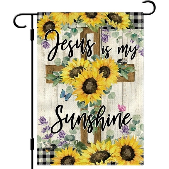 diyeu Jesus Is My Sunshine Garden Flag Summer Sunflower Garden Flag 12x18 Inch Double Sided Burlap Jesus Christ Cross Yard Flag for Outside Farmhouse Seasonal Holiday Outdoor Decoration