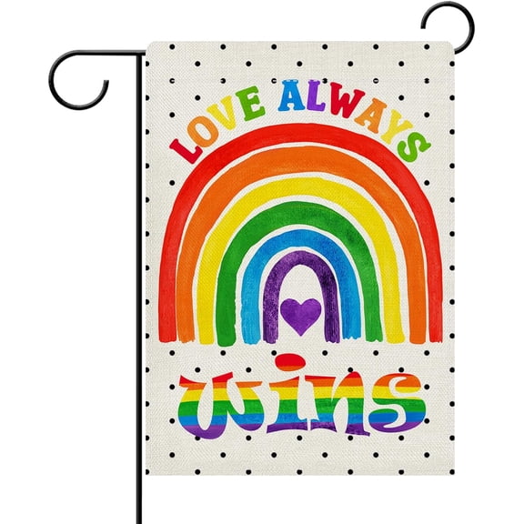 diyeu Pride Love Always Wins Rainbow Boho Decorative Garden Flag, LGBTQ Gay Lesbian Polka Dots Yard Outside Home Decorations, LGBT Bisexual Pansexual Outdoor Small Decor Double Sided 12 x 18