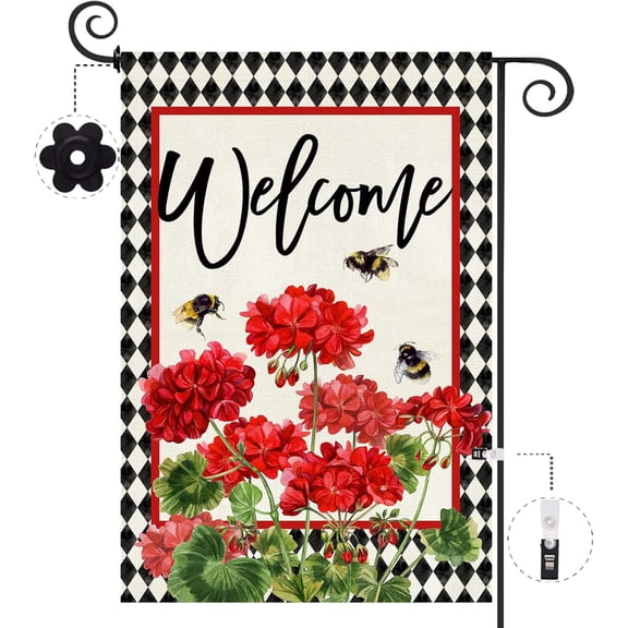 diyeu Spring Summer Geranium Welcome Garden Flag Double Sided Summer Bee Red Floral Buffalo Plaid Small Burlap Yard Flag House Seasonal Farmhouse Outside Outdoor Decoration 12.5 x 18 Inch