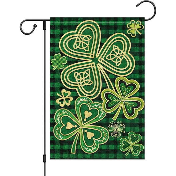 diyeu St Patrick''s Day Garden Flag Clover Buffalo Plaid Shamrock 12x18 Inch Welcome Double Sided Small Burlap Saint Patricks Spring Holiday Yard Outdoor Flag Outside House Decor (Only Flag)