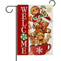 diyeu Welcome Christmas Gingerbread Man Red Decorative Garden Flag, Xmas Coffee Peppermint Candy Yard Outside Home Decoration, Winter Holiday Burlap Outdoor Small Decor Double Sided 12 x 18