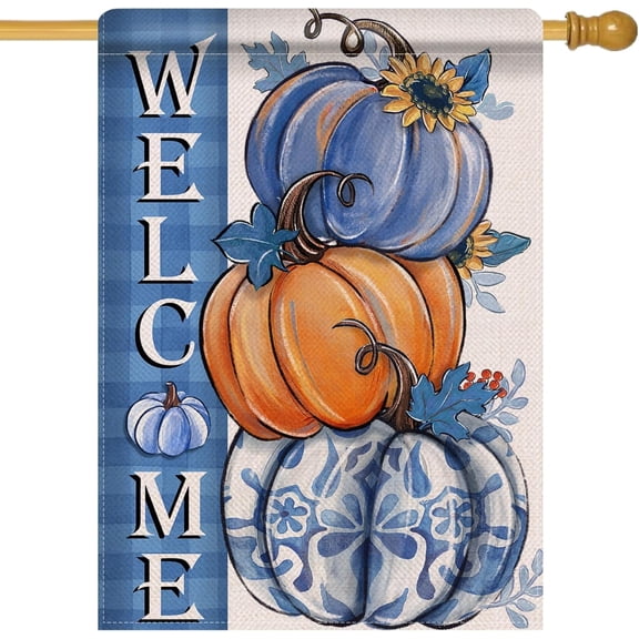 diyeu Welcome Fall Blue Pumpkin Small Decorative Garden Flag, Autumn Plaid Check Sunflower Yard Lawn Outside Decor, Thanksgiving Seasonal Burlap Outdoor Home Decoration Double Sided 12 x 18