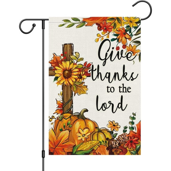 diyeu Welcome Fall Garden Flag Give Thanks to the lord 12x18 Inch Double Sided Small Burlap Autumn Yard Flag Thanksgiving Outside Outdoor House Decor (Only Flag)