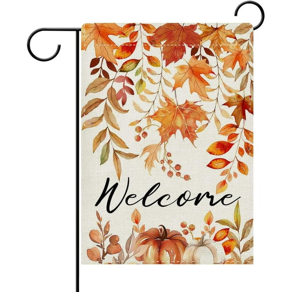 diyeu Welcome Fall Leaves Decorative Garden Flag, Autumn Maple Leaf Pumpkin Yard Outside Home Decoration, Seasonal Burlap Outdoor Small Decor Double Sided 12 x 18