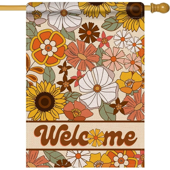 diyeu Welcome Spring Summer Groovy Flowers Small Decorative Garden Flag, Boho Colorful Hippie Vintage Floral Yard Lawn Outside Decor, Retro 60s 70s Outdoor Home Decoration Double Sided 12 x 18