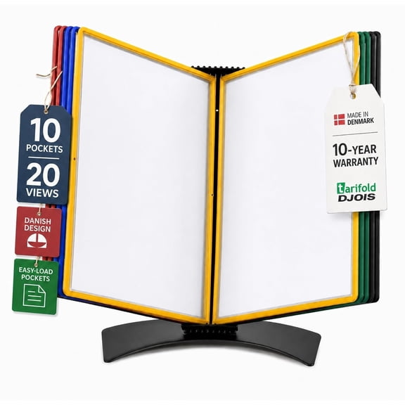 Djois by Tarifold Desktop Document Display Stand & Reference Organizer, 10 Double-Sided Polypropylene Pockets, 20 Sheet Capacity, Easy-Load Design, Letter Size, Made in Denmark, Assorted Colors