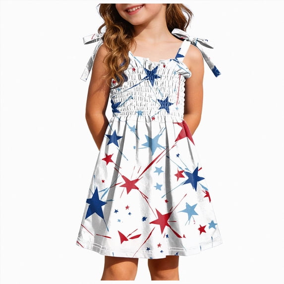 dmqupv 4th of July Dress Toddler Girl Girls Dresses Flutter Sleeve Swing Sundress Toddler Summer Clothes Kid Birthday Party Dress Light Blue,5-6 Years