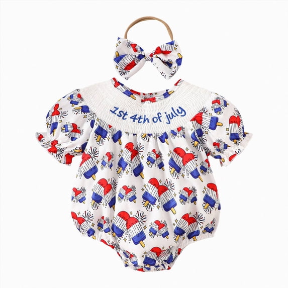 dmqupv 4th of July Newborn Baby Girl Outfit Infant Smocked Bubble Romper Newborn Summer Toddler Clothes Blue,6-12 Months