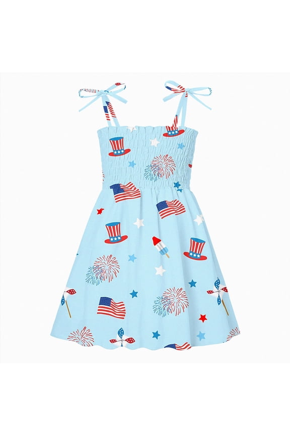 4th of July Outfit Toddler Little Girl Outfit Fourth of July Red White and Blue Dress American Flag Kids Girls Dresses Sky Blue,12-18 Months