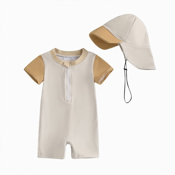 dmqupv Baby Boys' One Piece Swimsuits Baby Boy Swimsuit Infant One Piece Rashguard Bathing Suit Short Sleeve Toddler Summer Beach Swimwear with Hat Khaki,12-18 Months