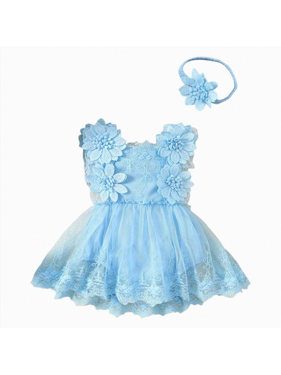 Baby Girl Bubble Romper Baby Girl Outfits Clothes Jumpsuit Sleeveless Ruffle Romper Newborn 2pcs Outfit with Headband for Baby Girl Sky Blue,6-12 Months