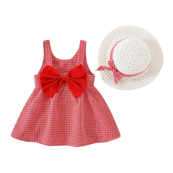 dmqupv Baby Girl Dress 6M-3Y Toddler Girls Dress Sleeveless Plaid Skirt Bow Cute Sweet Suspender Dress Princess Dress With Hat Red 6-12 Months