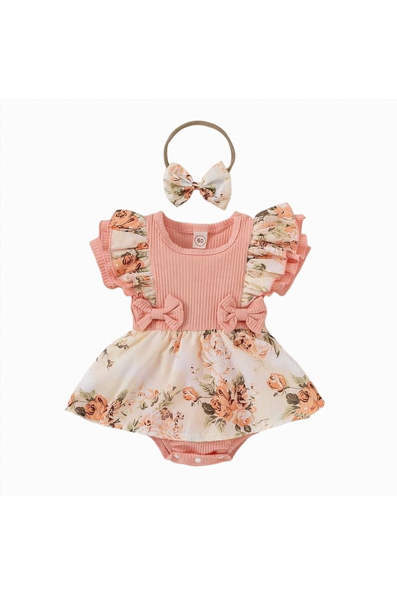 Baby Girl Outfit Baby Infant Girls Romper with Headband Spring Summer Outfit Floral Romper Pink,0-3 Months
