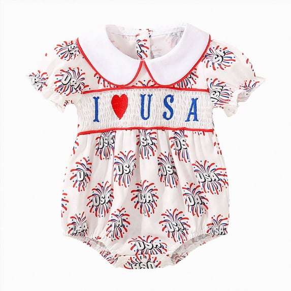 dmqupv Baby Girl Patriotic Romper Baby Girl Newborn USA Bubble Smocked Romper Tutu Dress Ruffle American Flag Memorial Day Outfit White,12-18 Months