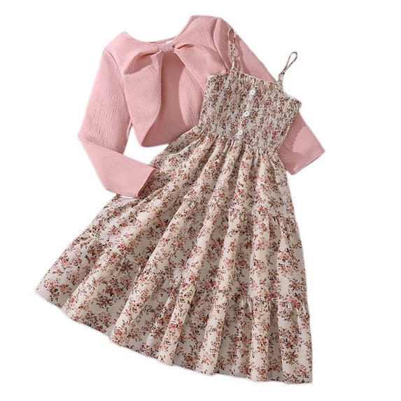 dmqupv Back To School Outfits for Girls Infant Girls Party Floral Tank Dress with Shrugs Set Embroidered Dress Two Piece Set Cute Long Sleeve Cropped Jacket Dress Set Red,Size for 8-9 Years