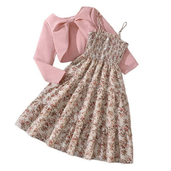 dmqupv Back To School Outfits for Girls Kid Toddler Girl Fall Dress Cardigan 2 Piece Floral/Plaid Sleeveless Dress and Cardigan Set Red,Size for 7-8 Years