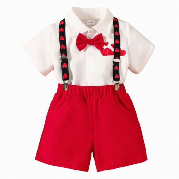 dmqupv Baptism Outfits for Boys Toddler Boy Clothes Suit Formal Dress Shirt with Bowtie Suspender Shorts Boy Gentleman Wedding Outfits White,2-3 Years