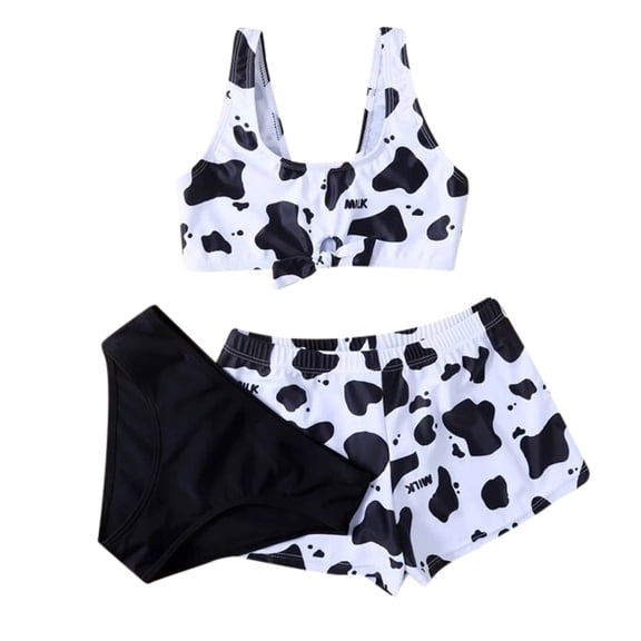 dmqupv Bathing Suits For Teen Girls Back Cute Three-Piece Summer Floral Girls' Cow Print Crisscross Swimsuit Girls Swimwear 1PC Tops 1PC Shorts 1PC Boyshorts Black 13-14 Years