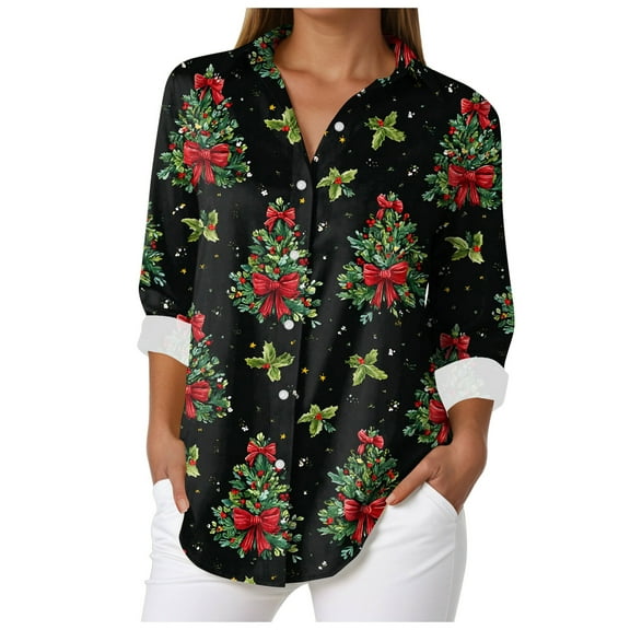 dmqupv Blouses for Women Dressy Button Shirts for Women Cute Xmas Patterend Print Blouses Long Sleeve Collared Dressy Casual Christmas Shirts Dark Green,Size for S