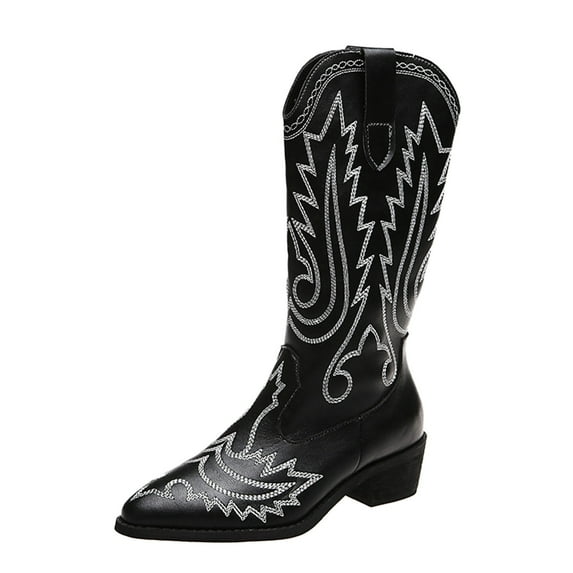 dmqupv Boots for Women No Heel Wide Calf Cowboy Cowgril Platform Boots for Women Back Zipper Vegan Leather Mid Calf Black 8.5