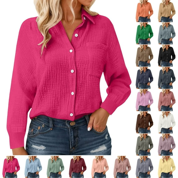 dmqupv Casual Shirts for Women Long Sleeve Button Blouses Fall 2025 Solid Color Trendy Tops with Pocket Rose Gold,Size for M