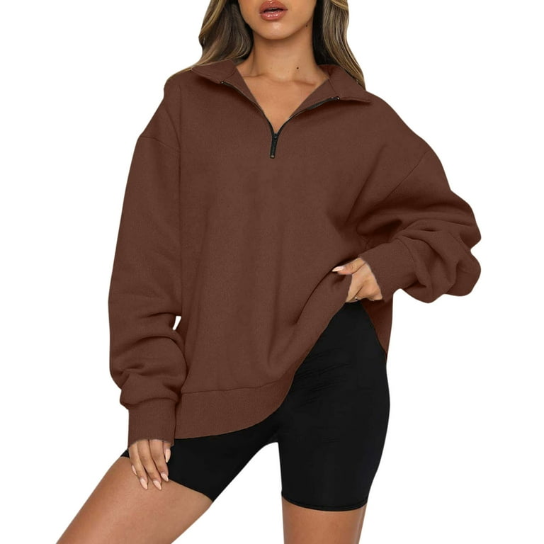 dmqupv Cute Zip Up Hoodies for Women Womens Long Sleeve Knit Sweater Zip Up Hoodie Jacket Lightweight Drawstring Color Block Sweatshirt Brown XL