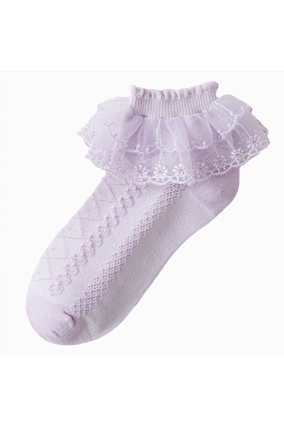 Dressy Socks for Girls Big Ruffle Socks Soft Cute Toddler Double Lace Frilly Cotton Dress Sock for Kids Purple,4-6 Years