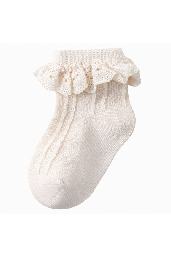 Girl Dress Socks with Ruffles Baby Girls Lace Socks Toddler Cotton Frilly Ankle Mesh Solid Dress Ruffle Newborn Socks Summer for Kids Beige,3-5 Years