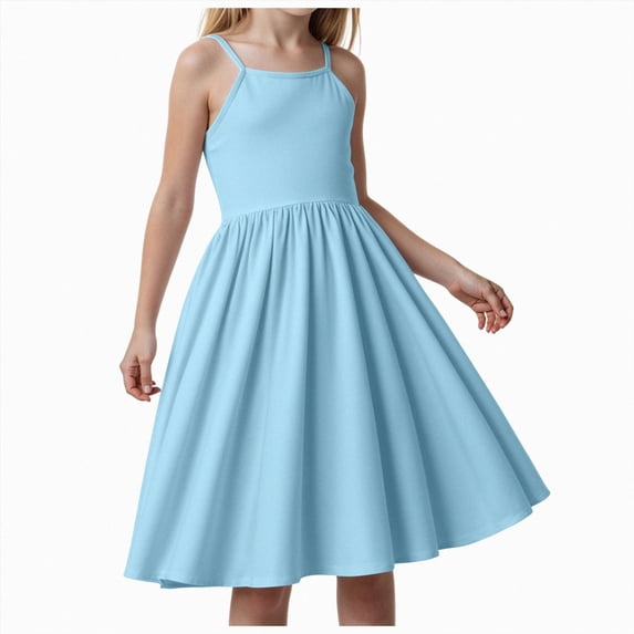 dmqupv Girls Church Dresses Girl's Cami Dress Ruched Sleeveless Layered Ruffle Short Smocked Summer Dresses Blue,10-11 Years