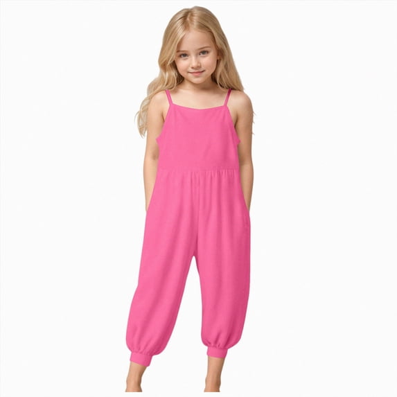 dmqupv Girls' Jumpsuits and Rompers Girl's Sleeveless Jumpsuits Spaghetti Straps Harem Long Pants Rompers with Pockets Hot Pink,7-8 Years