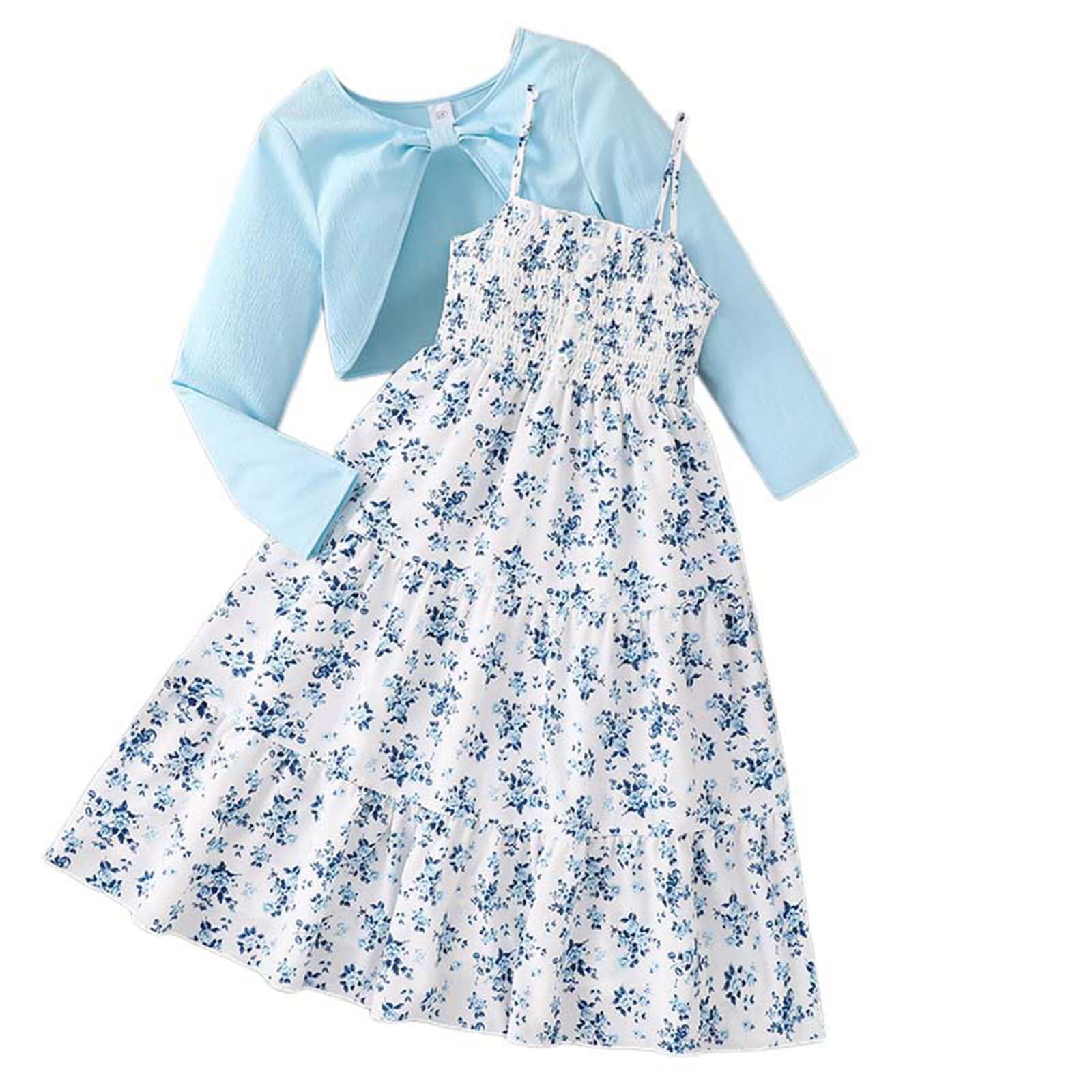 dmqupv Girls Outfits Infant Girls Party Floral Tank Dress with Shrugs Set Embroidered Dress Two Piece Set Cute Long Sleeve Cropped Jacket Dress Set Infant Girls Clothes Sky Blue,Size for 7-8 Years