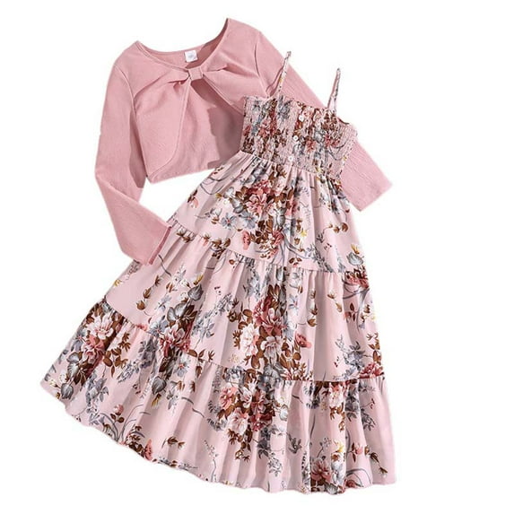 dmqupv Girls Outfits Kid Toddler Girl Fall Dress+Cardigan 2 Piece Floral/Plaid Sleeveless Dress and Cardigan Set Pink,Size for 7-8 Years