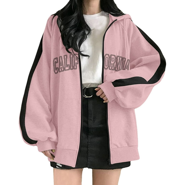 Women's Oversized Zip Up Hoodies Sweatshirts Y2K Clothes Cute Teen Girl  Fall Casual Drawstring Jackets with Pockets