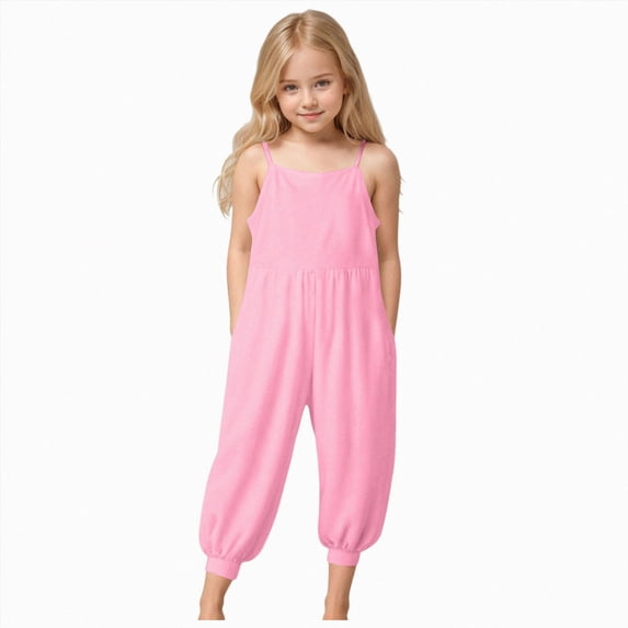 dmqupv Jumpers for Girls Girl's Sleeveless Jumpsuits Spaghetti Straps Harem Long Pants Rompers with Pockets Pink,1-2 Years