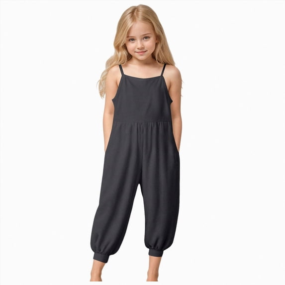 dmqupv Jumpsuit for Girls Girl's Sleeveless Jumpsuits Spaghetti Straps Harem Long Pants Rompers with Pockets Dark Gray,3-4 Years