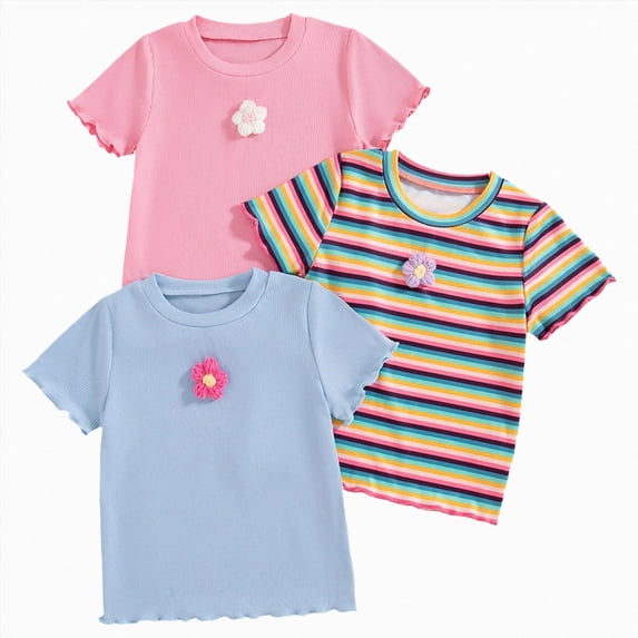 dmqupv Long Sleeve Shirts Girls Girl's Graphic Tees 2T 3T 4T 5T 6T 7T 8T Short Sleeve Crewneck Cute T Shirts Summer Tops 3 Pack Blue,3-4 Years