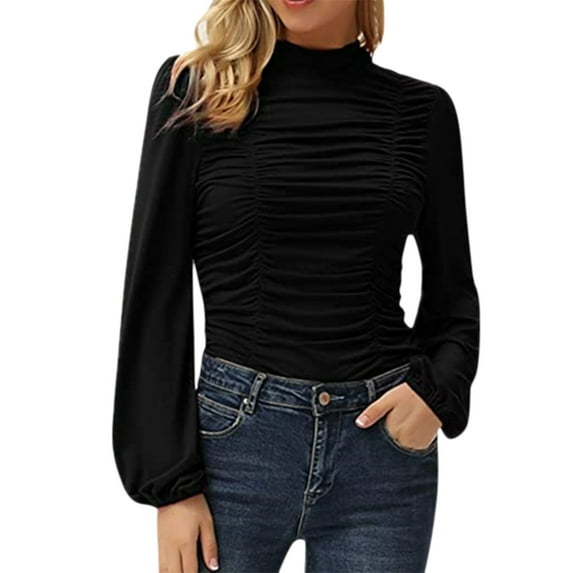 dmqupv Long Sleeve for Women Women's Fashion Tops Shirt Long Sleeve Turtleneck Ruched Slim Elegant Solid Long Sleeve Tee Shirt Shirt Black Large
